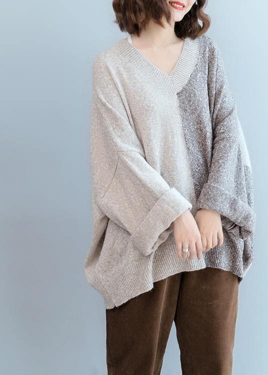For Work gray knitted t shirt v neck patchwork trendy plus size knit sweat tops NTP201026