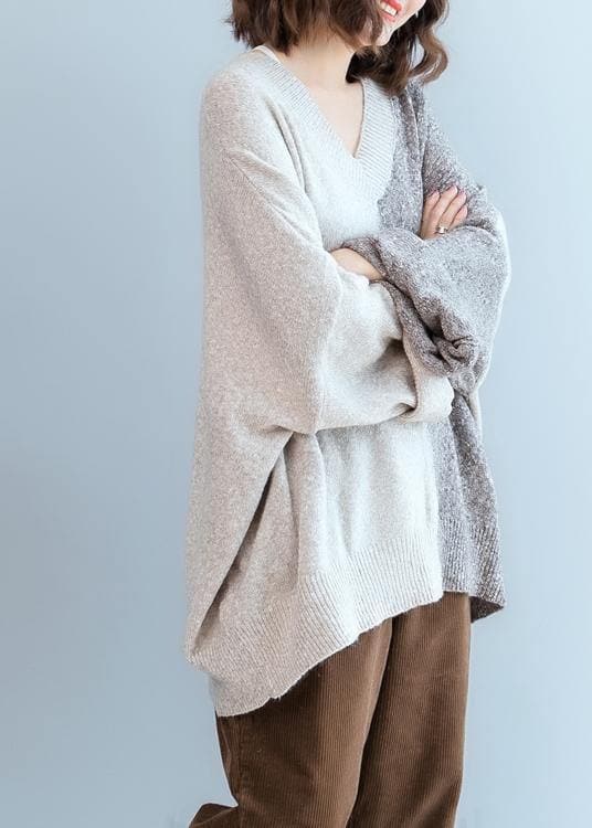 For Work gray knitted t shirt v neck patchwork trendy plus size knit sweat tops NTP201026