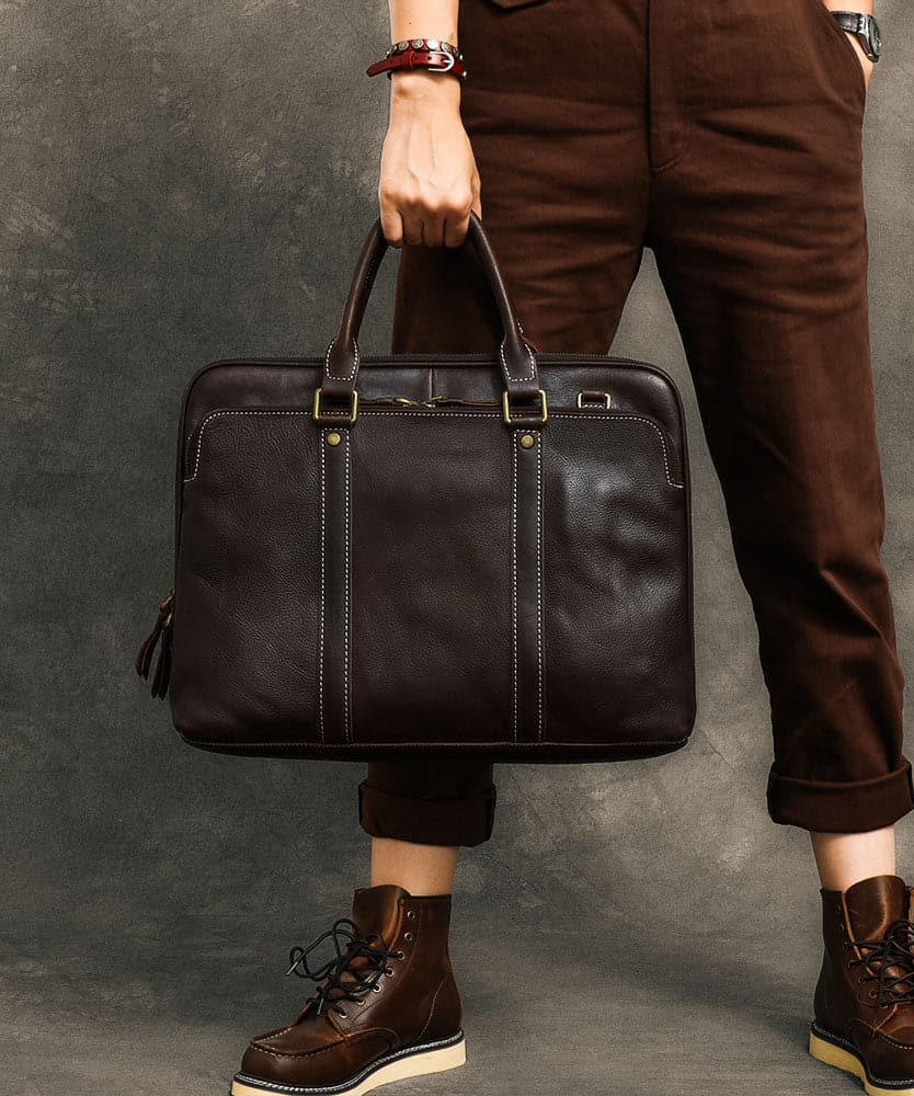 Formal Coffee Solid Color Calf Leather Computer Package Tote Handbag ZP-BGS220816