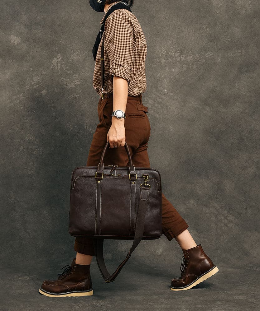 Formal Coffee Solid Color Calf Leather Computer Package Tote Handbag ZP-BGS220816