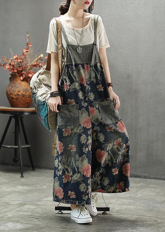 French Dark color Print Patchwork Pockets denim Outfits Rompers dylinoshop