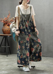 French Dark color Print Patchwork Pockets denim Outfits Rompers dylinoshop