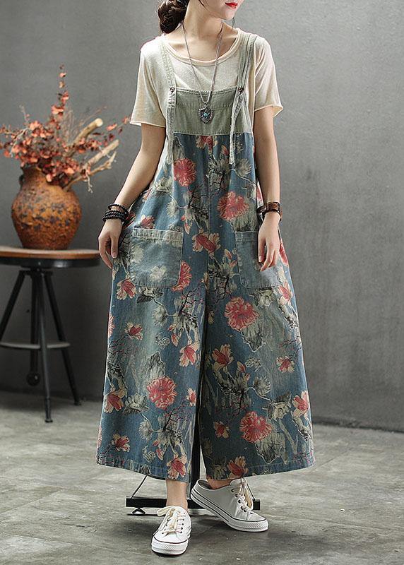 French Dark color Print Patchwork Pockets denim Outfits Rompers dylinoshop