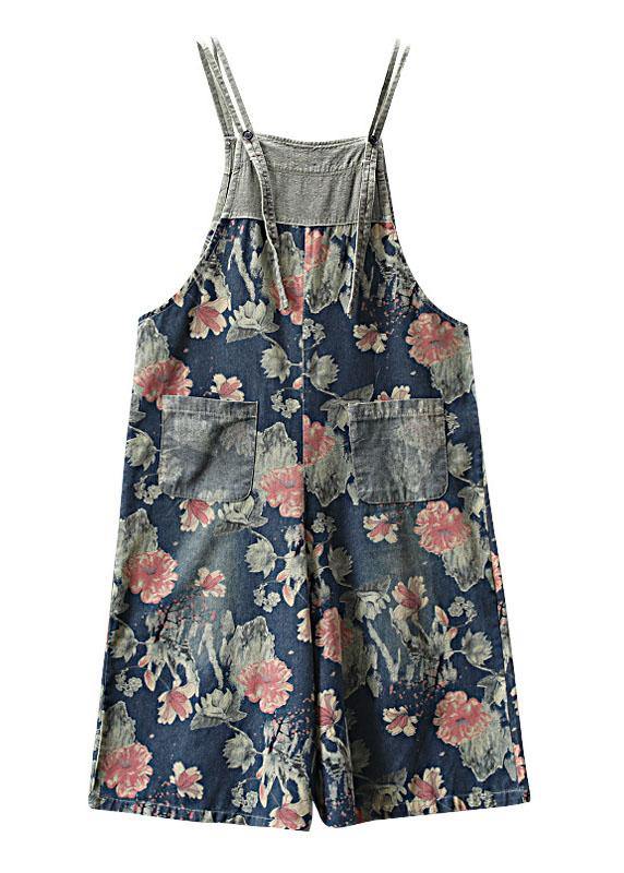 French Dark color Print Patchwork Pockets denim Outfits Rompers dylinoshop