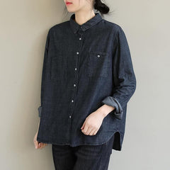 French Denim Black Top Lapel Pockets Baggy Spring Blouses LTP210115