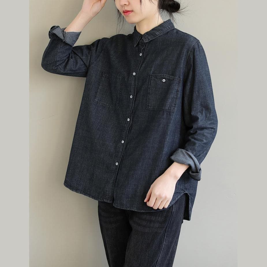 French Denim Black Top Lapel Pockets Baggy Spring Blouses LTP210115