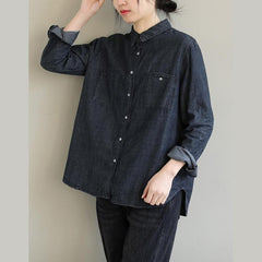 French Denim Black Top Lapel Pockets Baggy Spring Blouses LTP210115