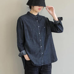 French Denim Black Top Lapel Pockets Baggy Spring Blouses LTP210115