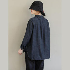 French Denim Black Top Lapel Pockets Baggy Spring Blouses LTP210115