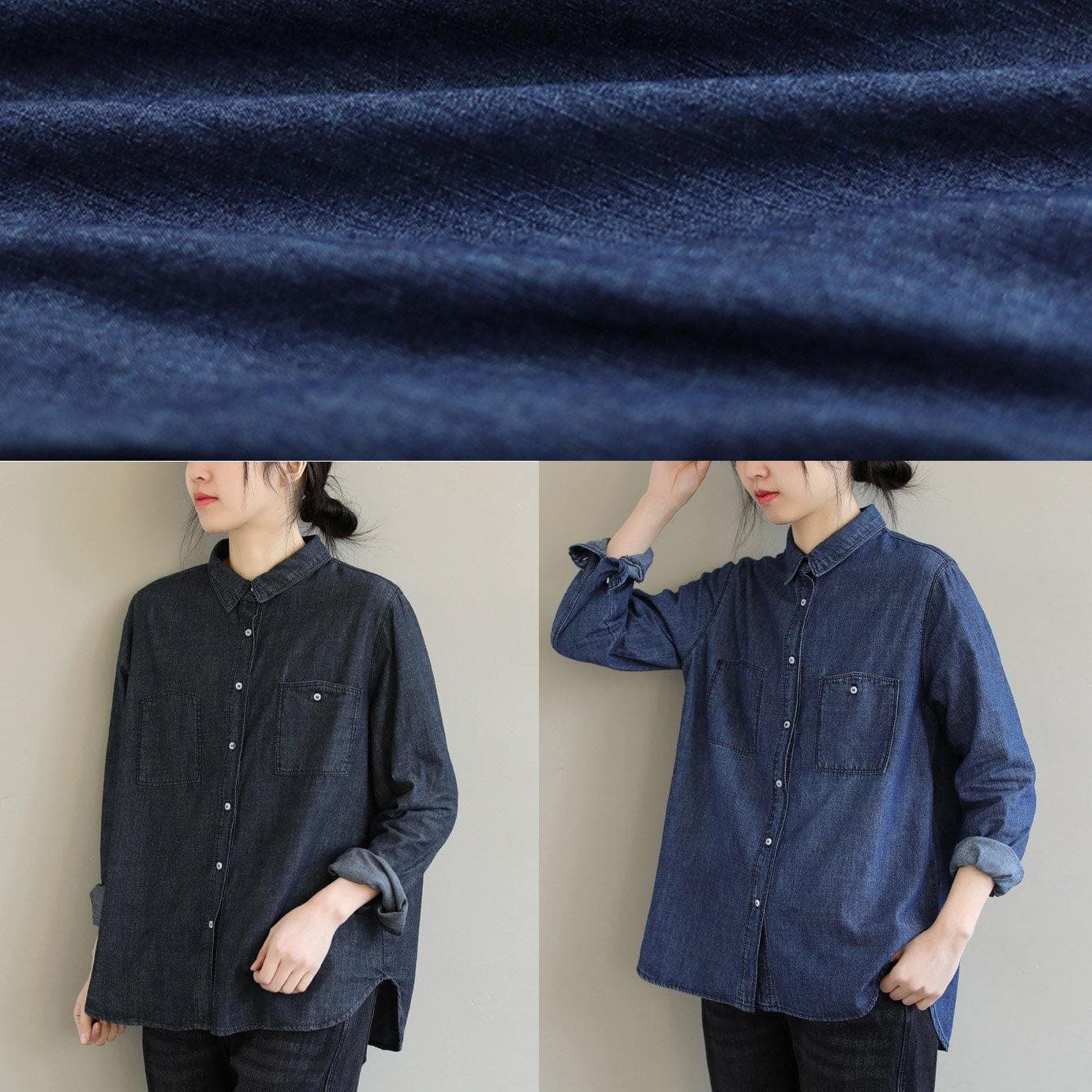 French Denim Black Top Lapel Pockets Baggy Spring Blouses LTP210115