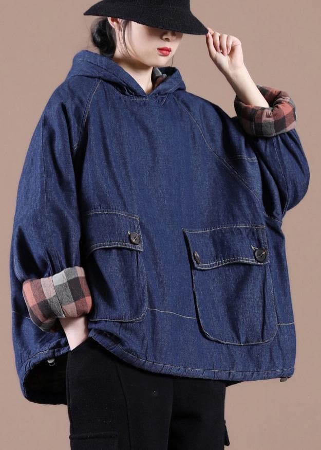 French Denim Blue Clothes For Women Hooded Pockets Oversized Spring Tops DJK210119