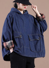 French Denim Blue Clothes For Women Hooded Pockets Oversized Spring Tops DJK210119