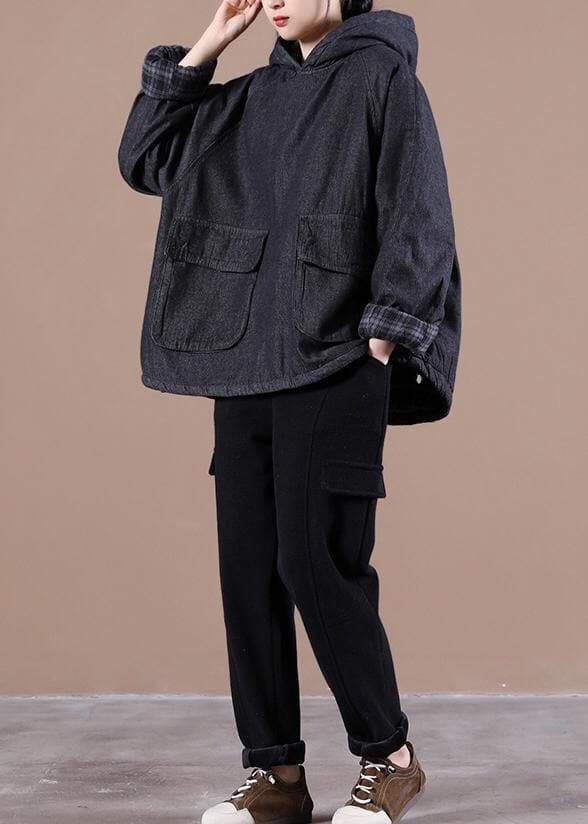 French Denim Blue Clothes For Women Hooded Pockets Oversized Spring Tops DJK210119