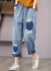 French Denim Blue Elastic Waist Fish Embroideried Pockets Cotton Harem Pants Summer nz-CPTS220526
