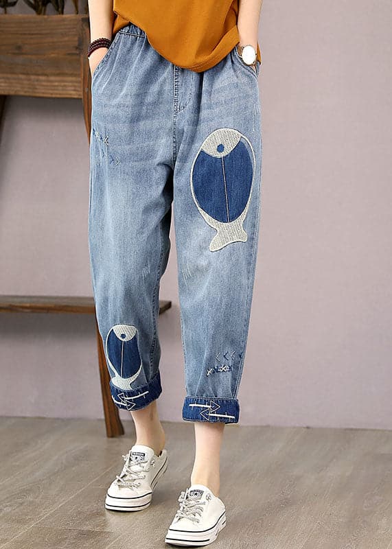 French Denim Blue Elastic Waist Fish Embroideried Pockets Cotton Harem Pants Summer nz-CPTS220526