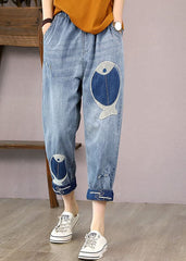 French Denim Blue Elastic Waist Fish Embroideried Pockets Cotton Harem Pants Summer nz-CPTS220526