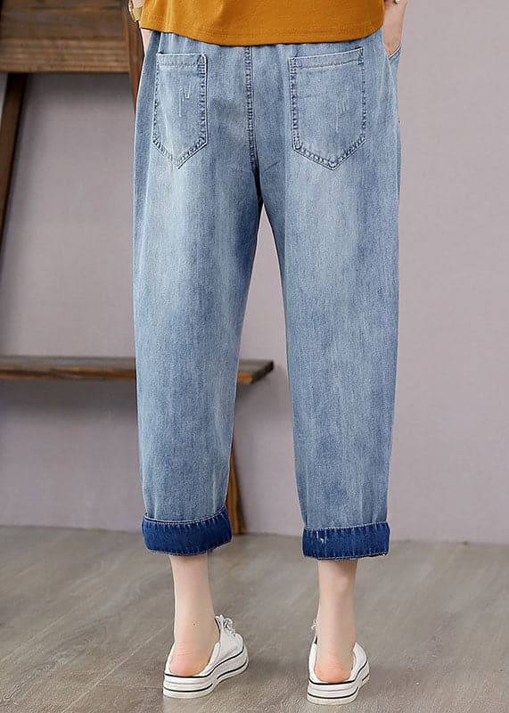 French Denim Blue Elastic Waist Fish Embroideried Pockets Cotton Harem Pants Summer nz-CPTS220526