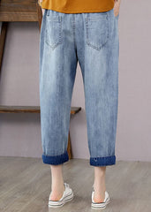 French Denim Blue Elastic Waist Fish Embroideried Pockets Cotton Harem Pants Summer nz-CPTS220526