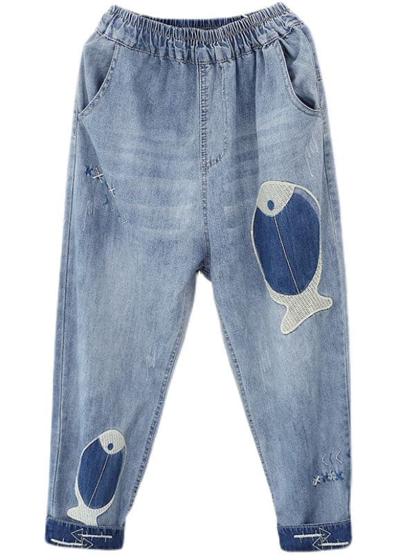 French Denim Blue Elastic Waist Fish Embroideried Pockets Cotton Harem Pants Summer nz-CPTS220526
