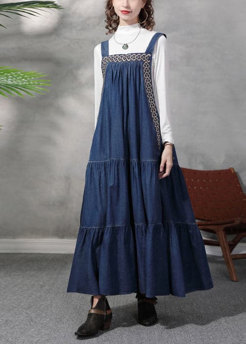 French Denim Blue Embroideried Exra Large Hem Cotton Strap Dress Summer NZ-SDL220606