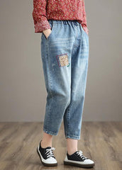 French Denim Blue High Waist Plus Size Clothing Spring Elastic Waist Patchwork Women Trousers LPTS210203