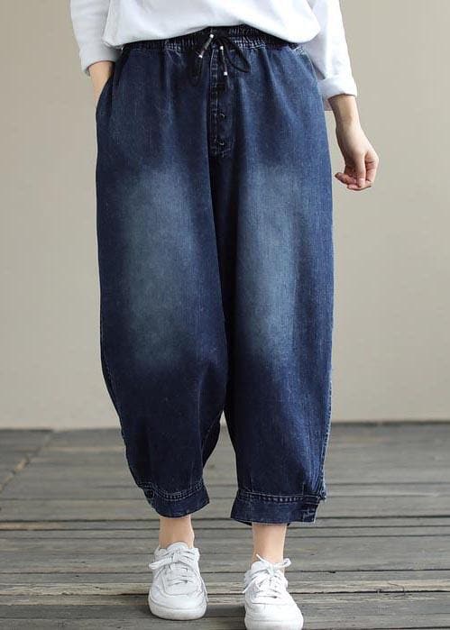 French Denim Blue Pants Plus Size Spring Elastic Waist Pockets Inspiration Women Pants LPTS210201