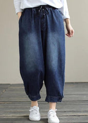 French Denim Blue Pants Plus Size Spring Elastic Waist Pockets Inspiration Women Pants LPTS210201