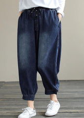 French Denim Blue Pants Plus Size Spring Elastic Waist Pockets Inspiration Women Pants LPTS210201