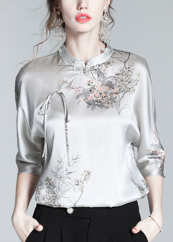 Elegant Silk Stand Collar Oriental Satin Shirt Top Half Sleeve Blouse ZS-HTP220513