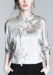 Elegant Silk Stand Collar Oriental Satin Shirt Top Half Sleeve Blouse ZS-HTP220513