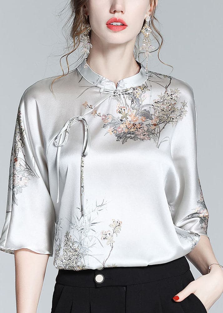 Elegant Silk Stand Collar Oriental Satin Shirt Top Half Sleeve Blouse ZS-HTP220513