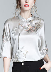 Elegant Silk Stand Collar Oriental Satin Shirt Top Half Sleeve Blouse ZS-HTP220513