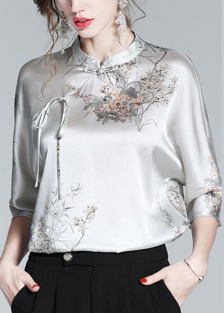 Elegant Silk Stand Collar Oriental Satin Shirt Top Half Sleeve Blouse ZS-HTP220513