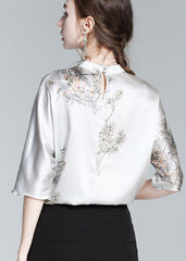 Elegant Silk Stand Collar Oriental Satin Shirt Top Half Sleeve Blouse ZS-HTP220513