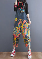 French Navy Pocket Print Denim Jumpsuit Spring dylinoshop