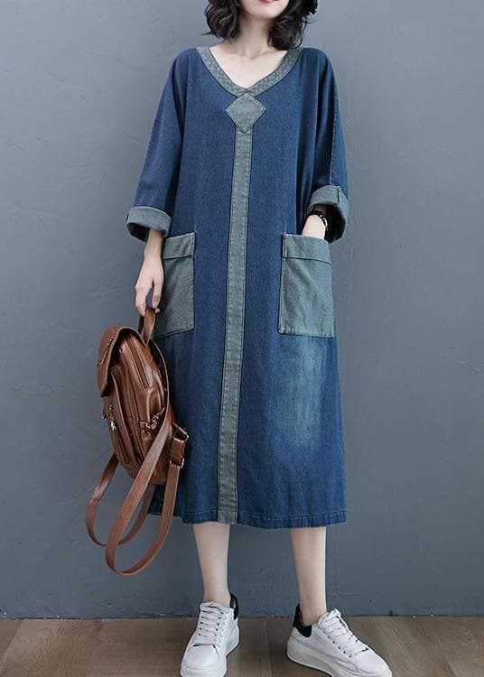 French O Neck Patchwork Spring Dresses Outfits Denim Blue Robe Dresses FDL210124