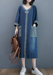 French O Neck Patchwork Spring Dresses Outfits Denim Blue Robe Dresses FDL210124