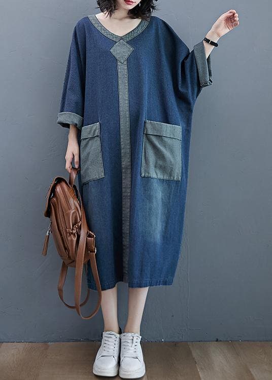 French O Neck Patchwork Spring Dresses Outfits Denim Blue Robe Dresses FDL210124
