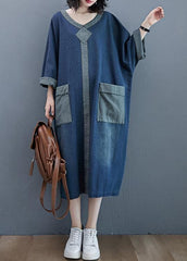 French O Neck Patchwork Spring Dresses Outfits Denim Blue Robe Dresses FDL210124
