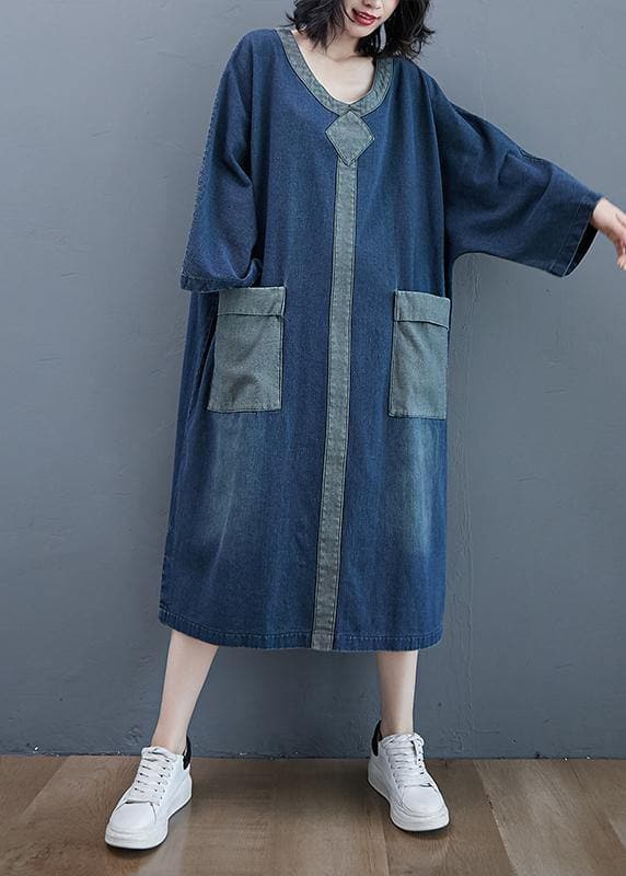 French O Neck Patchwork Spring Dresses Outfits Denim Blue Robe Dresses FDL210124