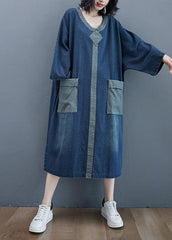 French O Neck Patchwork Spring Dresses Outfits Denim Blue Robe Dresses FDL210124