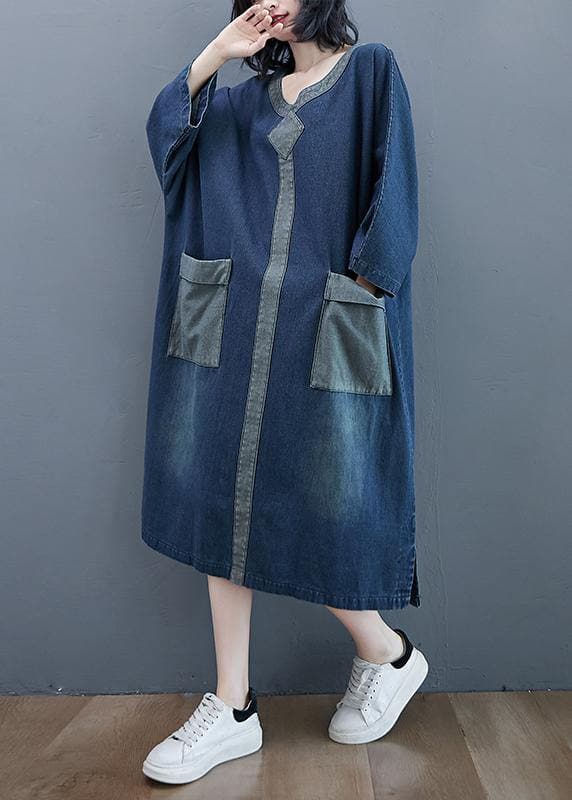 French O Neck Patchwork Spring Dresses Outfits Denim Blue Robe Dresses FDL210124