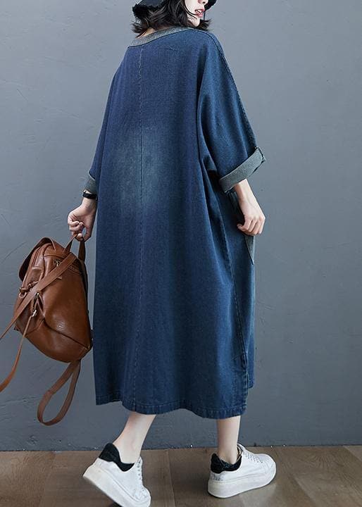 French O Neck Patchwork Spring Dresses Outfits Denim Blue Robe Dresses FDL210124