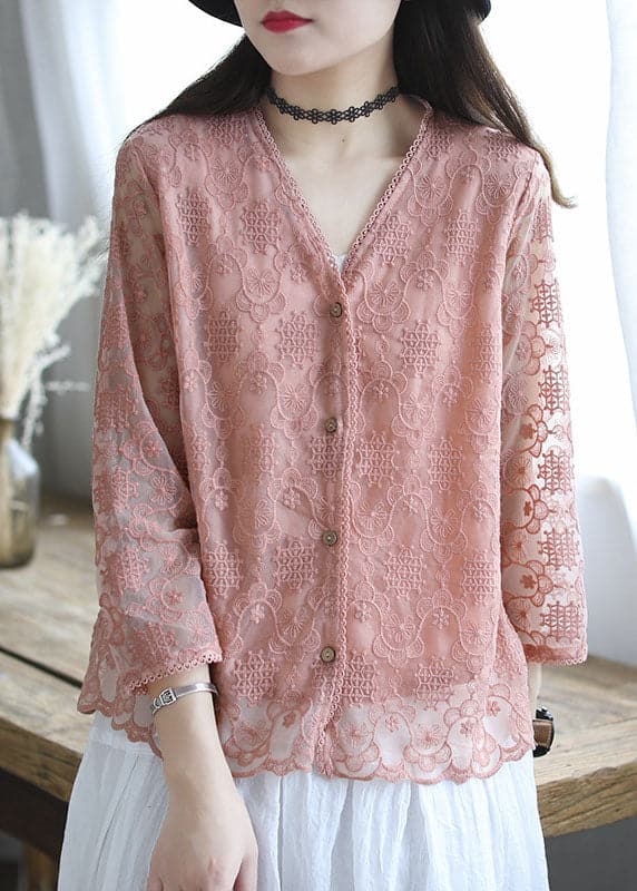 French Pink Embroideried Cotton Loose Cardigans Long Sleeve GK-CDG220509
