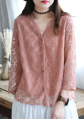 French Pink Embroideried Cotton Loose Cardigans Long Sleeve GK-CDG220509