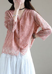 French Pink Embroideried Cotton Loose Cardigans Long Sleeve GK-CDG220509