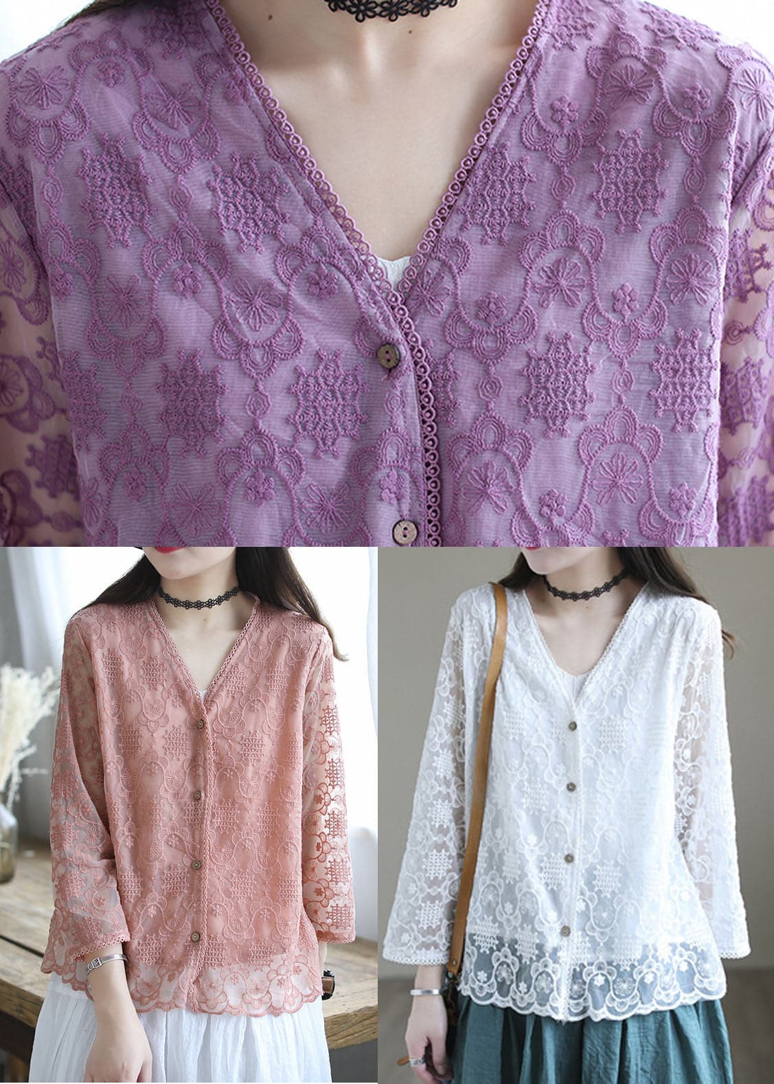 French Pink Embroideried Cotton Loose Cardigans Long Sleeve GK-CDG220509