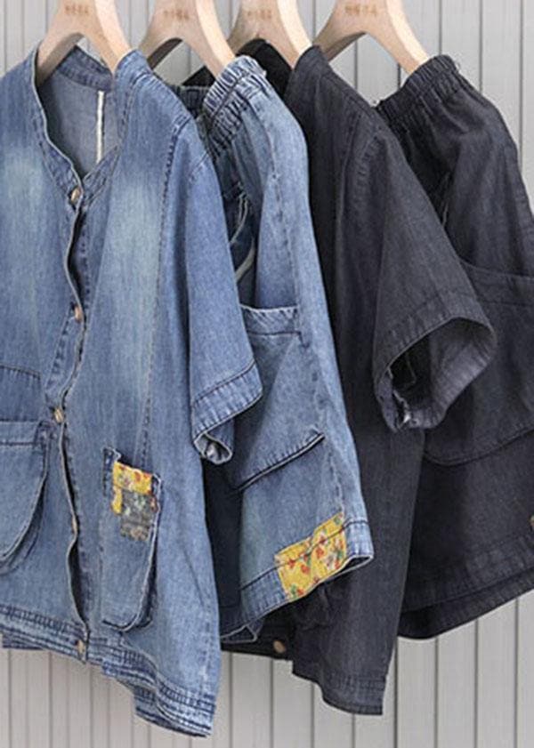 French Pockets hot pants Denim Black Short Sleeve Two Pieces Set WG-STP210531