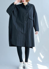 French black Cotton clothes side open Knee fall shirt Dress CTS190830