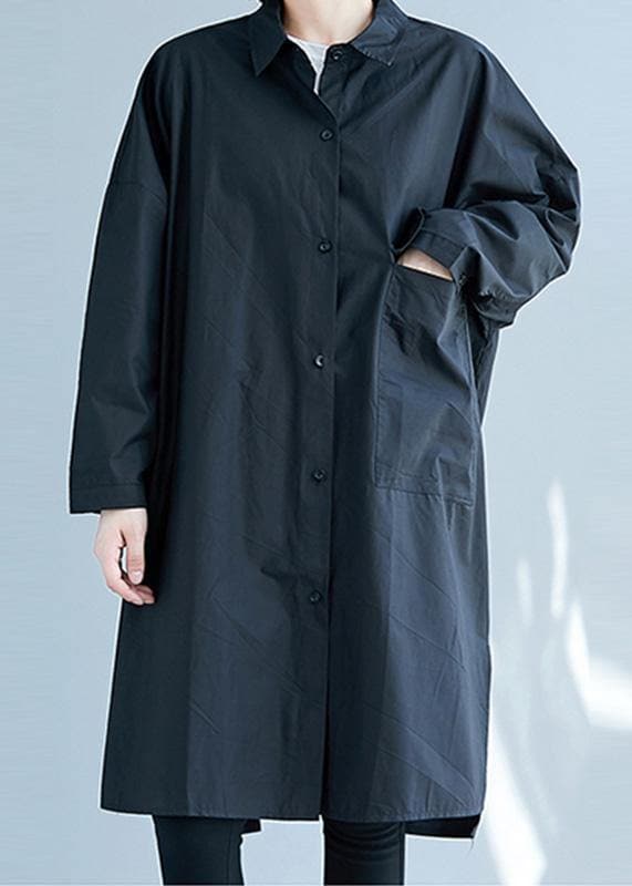 French black Cotton clothes side open Knee fall shirt Dress CTS190830